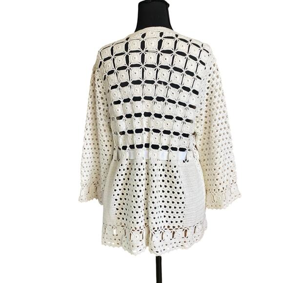 Chico’s Hand Crocheted White Cotton Cardigan Sweater Jacket Size 3 (XL) tie - Picture 5 of 9